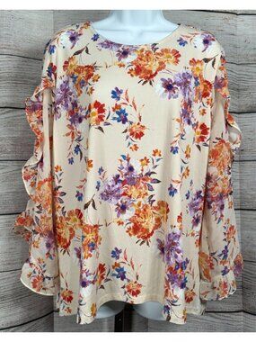 Cato Floral Cottagecore Blouse Sheer Ruffle Long Sleeve Stretch Top Size L NWT